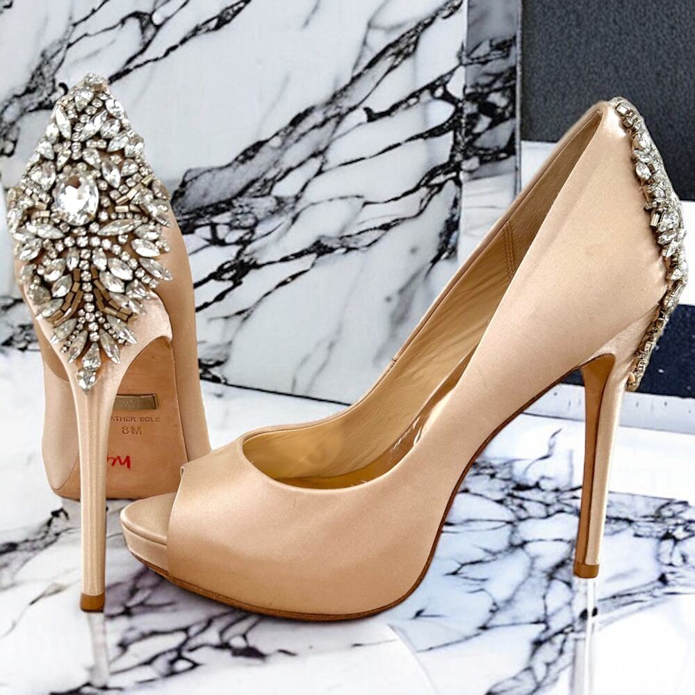 Badgley Mischka Kiara Rhinestone Peep-toe Bridgerton Pump Shoes Heels 8M $245